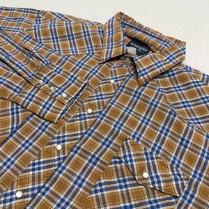 Vintage Wrangler Western Shirt Pearl Snap Plaid Cowboy Rodeo Orange Blue Mens XL